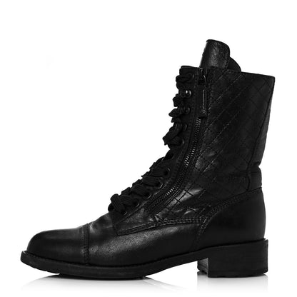 Chanel Calfskin Quilted Lace Up Combat Boots 38.5 Black 1 of 8