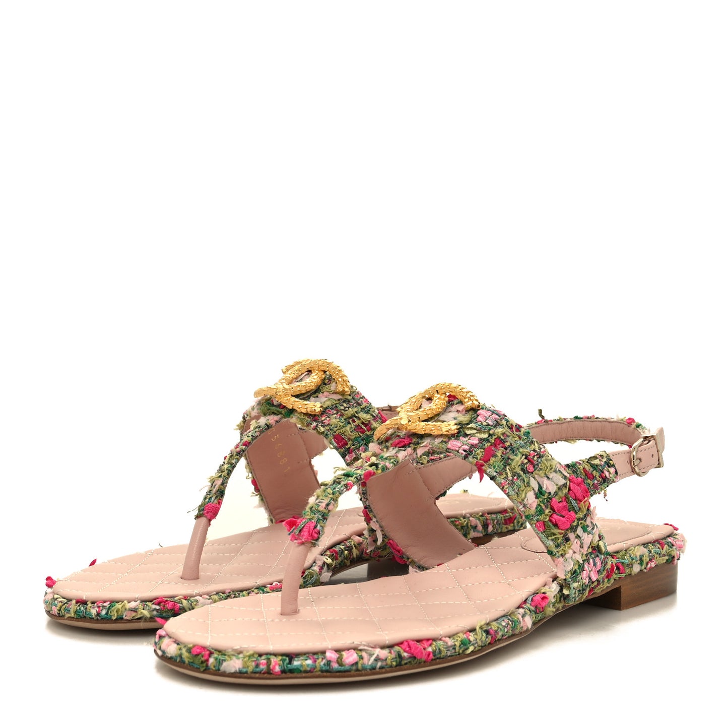Tweed CC Logo Thong Sandals 37 Green Pink White