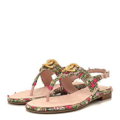 Chanel Tweed CC Logo Thong Sandals 37 Green Pink White 3 of 9