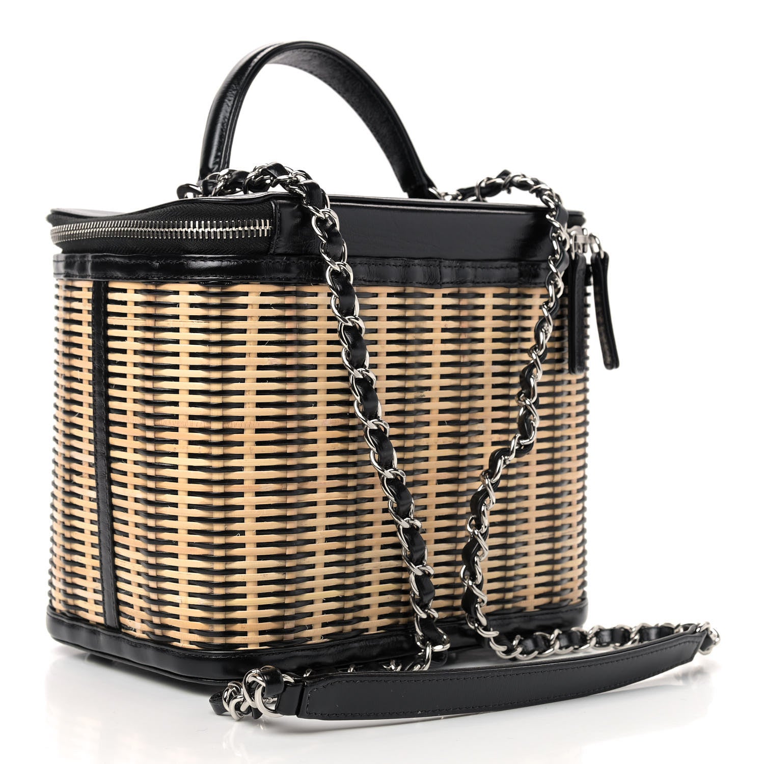Chanel Glazed Calfskin Raffia Vanity Case Bag Black Beige 3 of 9