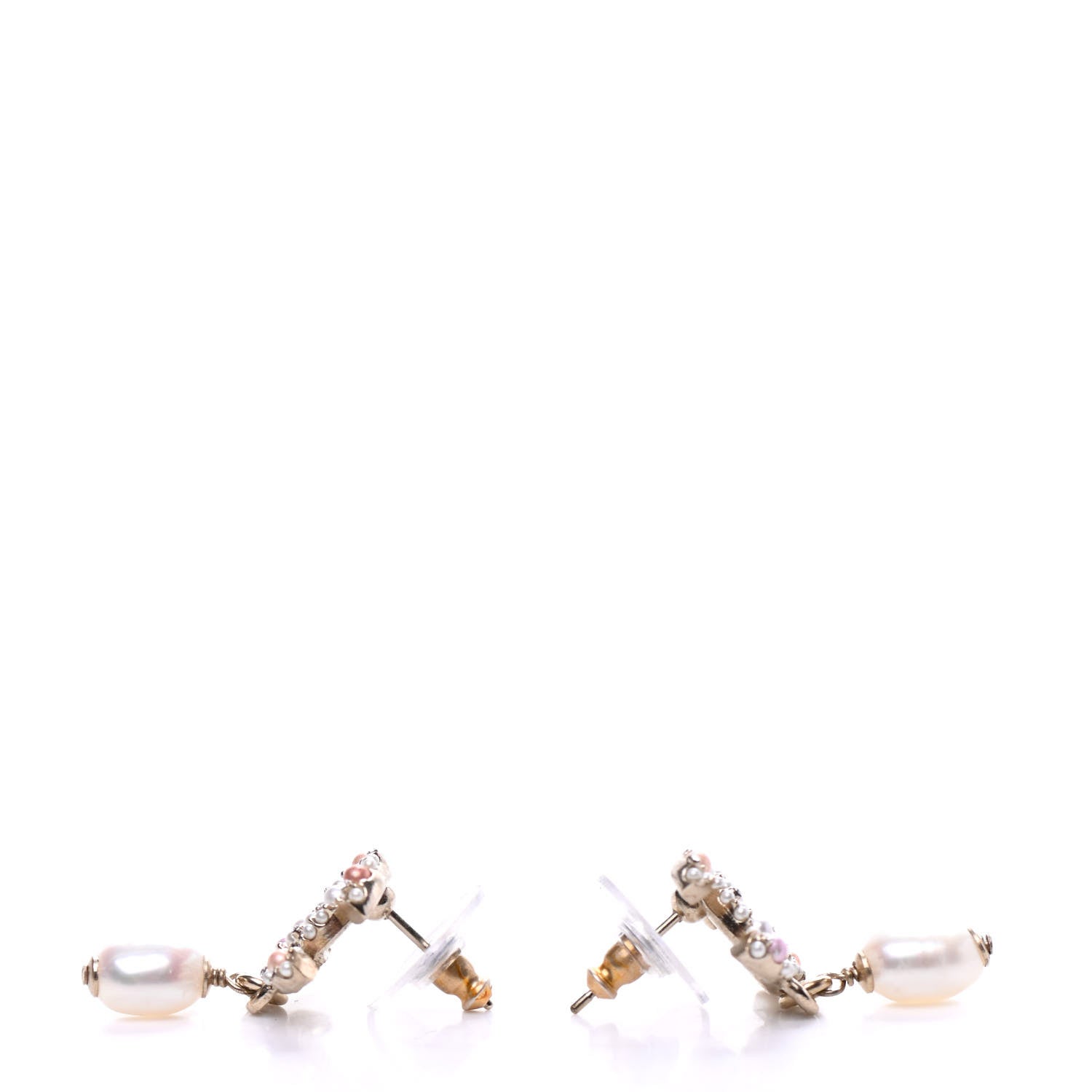 Chanel Pearl Crystal CC Charm Drop Earrings Light Gold Pink 3 of 5