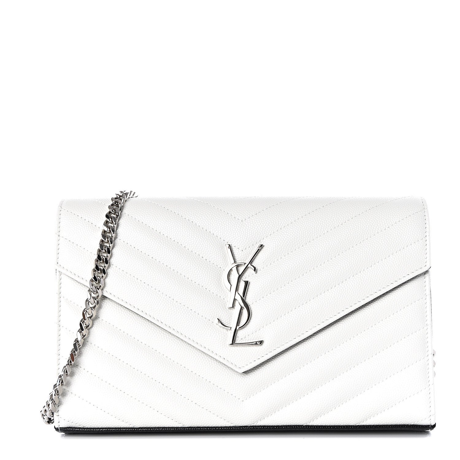 Saint Laurent Grain De Poudre Matelasse Bi-Color Chevron Monogram Chain Wallet White Black 1 of 9