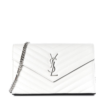 Saint Laurent Grain De Poudre Matelasse Bi-Color Chevron Monogram Chain Wallet White Black 1 of 9