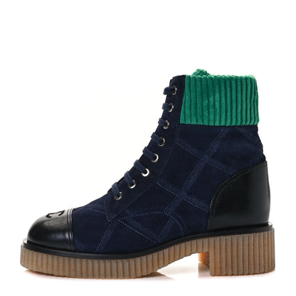 Chanel Suede Calfskin Velvet Quilted CC Combat Boots 40 Navy Green Black 1 of 6