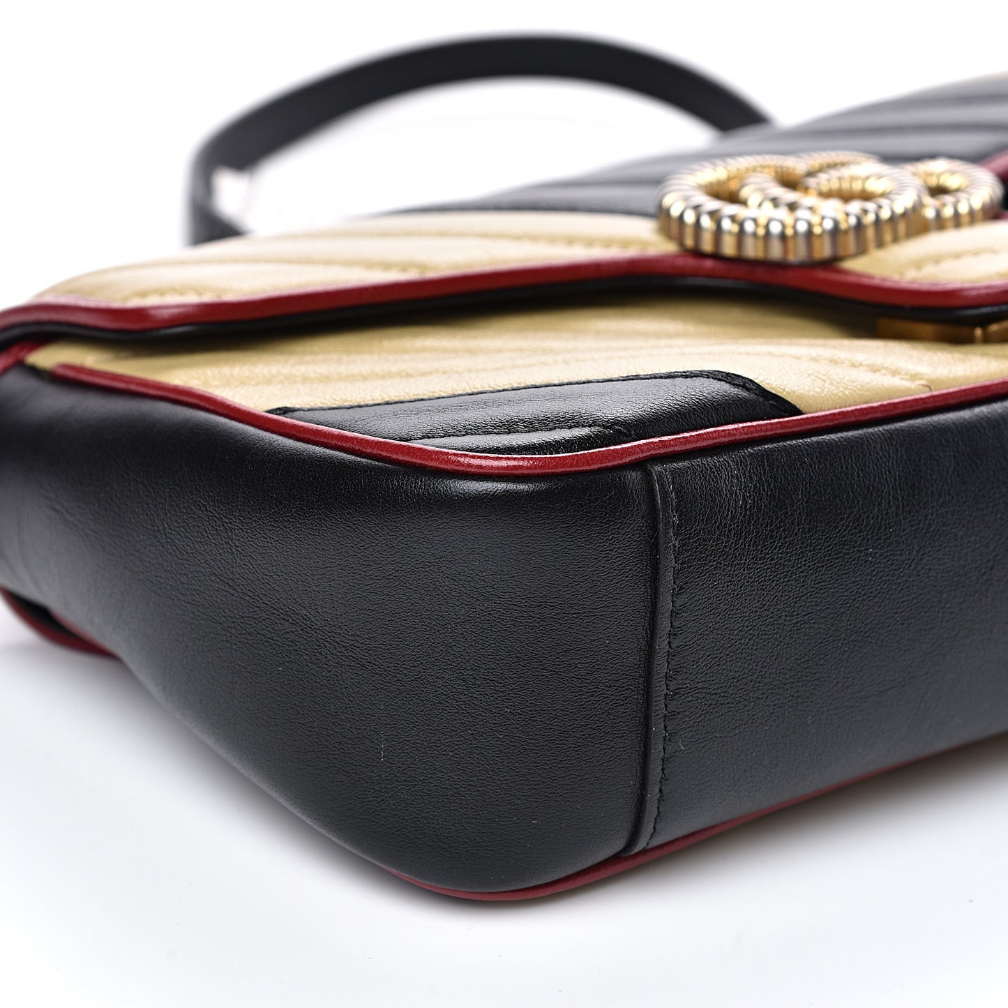 Vintage Effect Calfskin Matelasse Diagonal Striped Small Torchon GG Marmont Shoulder Bag Black Beige