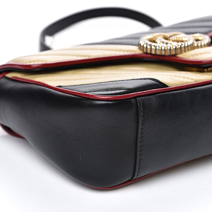 Gucci Vintage Effect Calfskin Matelasse Diagonal Striped Small Torchon GG Marmont Shoulder Bag Black Beige 8 of 9