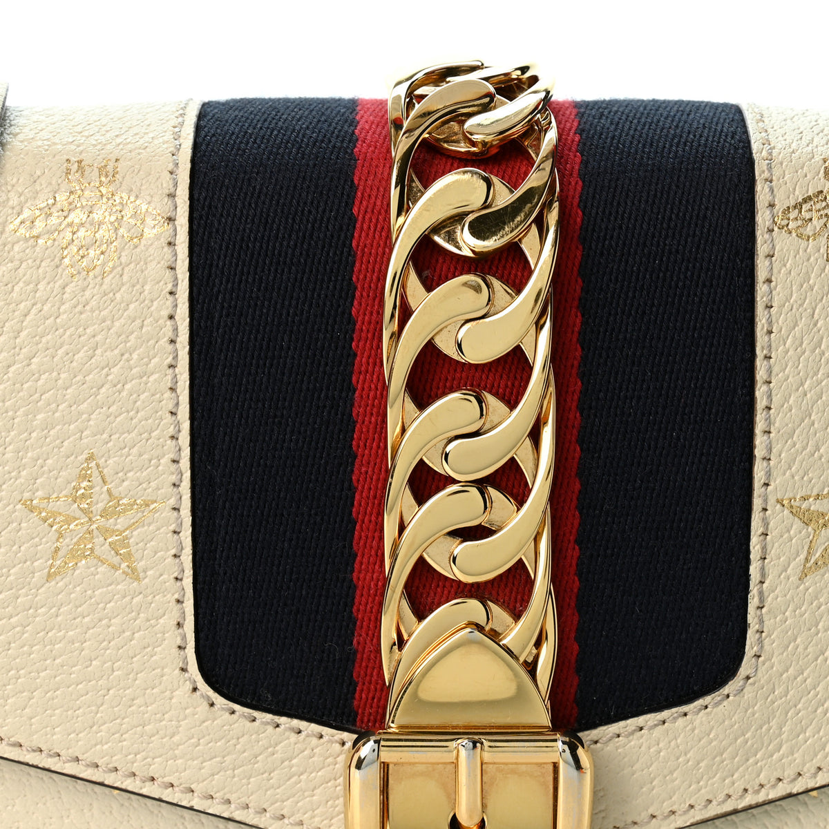 Gucci Textured Calfskin Bee Star Print Small Sylvie Shoulder Bag Mystic White 7 of 11