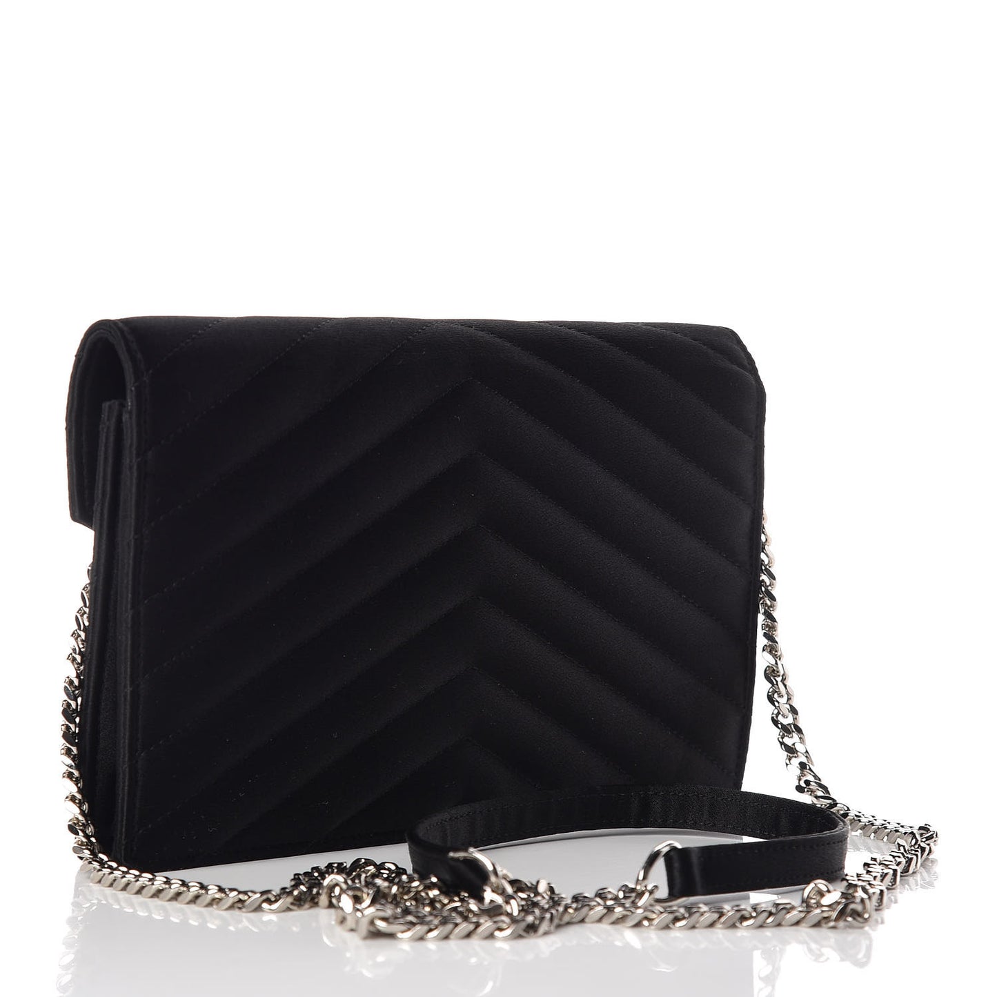Satin Chevron Monogram Envelope Chain Wallet Black