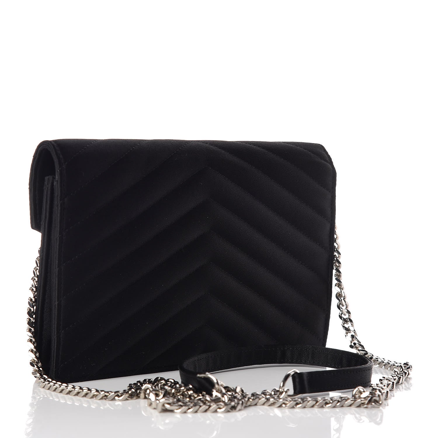 Saint Laurent Satin Chevron Monogram Envelope Chain Wallet Black 3 of 9