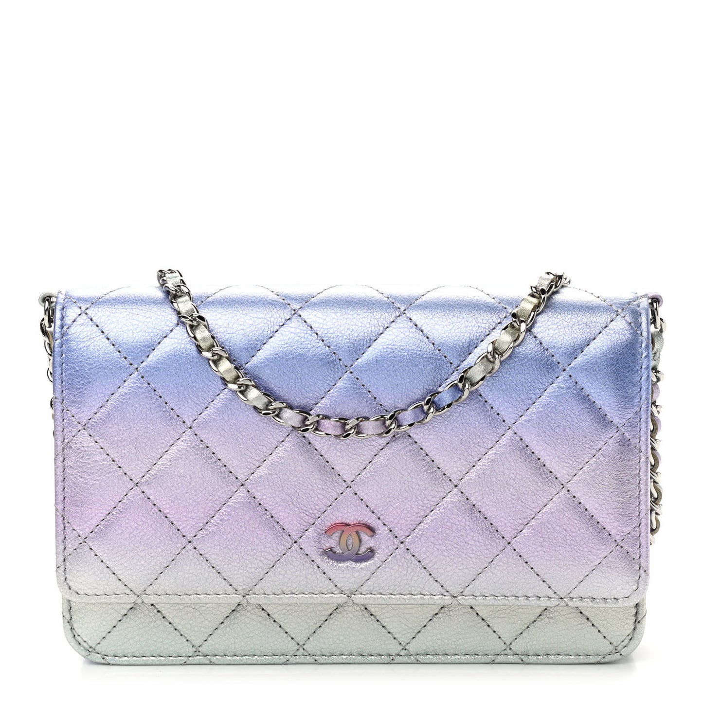 Gradient Metallic Calfskin Quilted Wallet On Chain WOC Silver Blue Yellow Purple