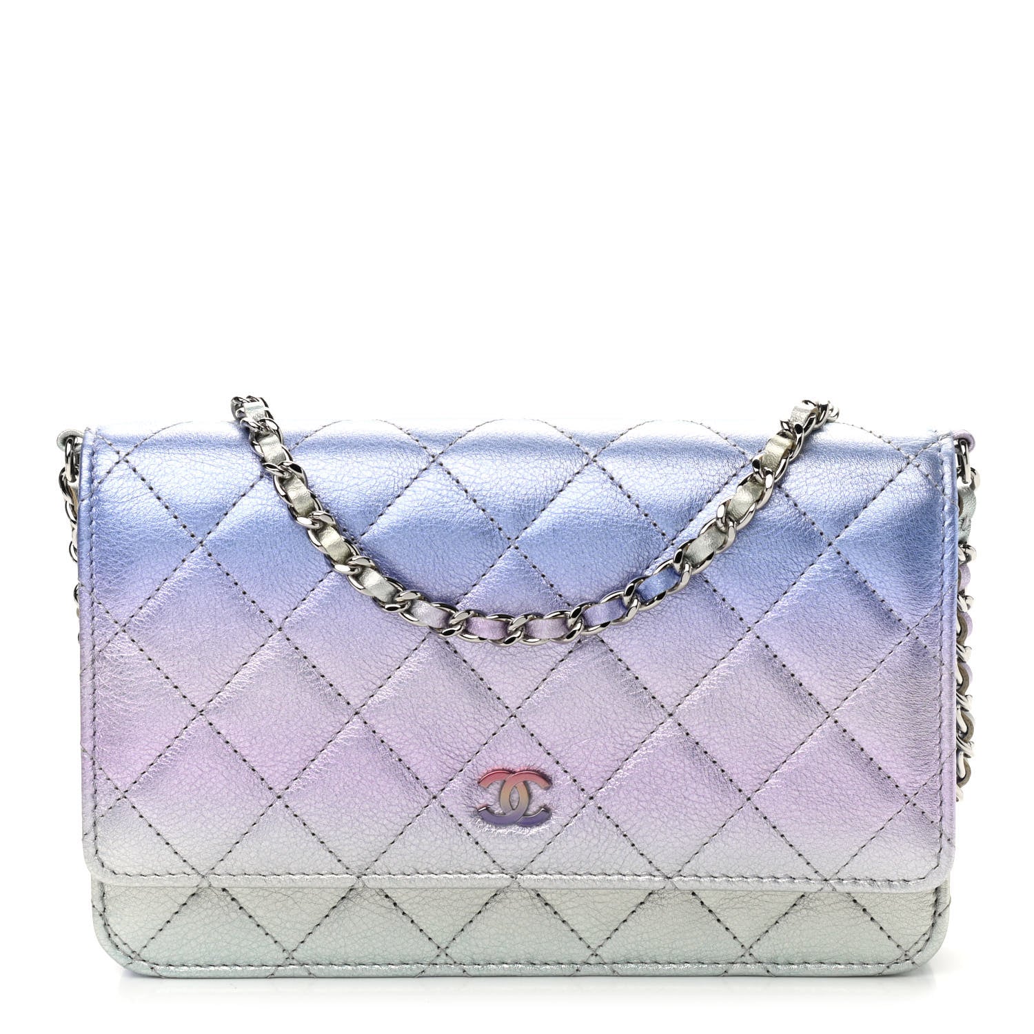 Chanel Gradient Metallic Calfskin Quilted Wallet On Chain WOC Silver Blue Yellow Purple 1 of 9