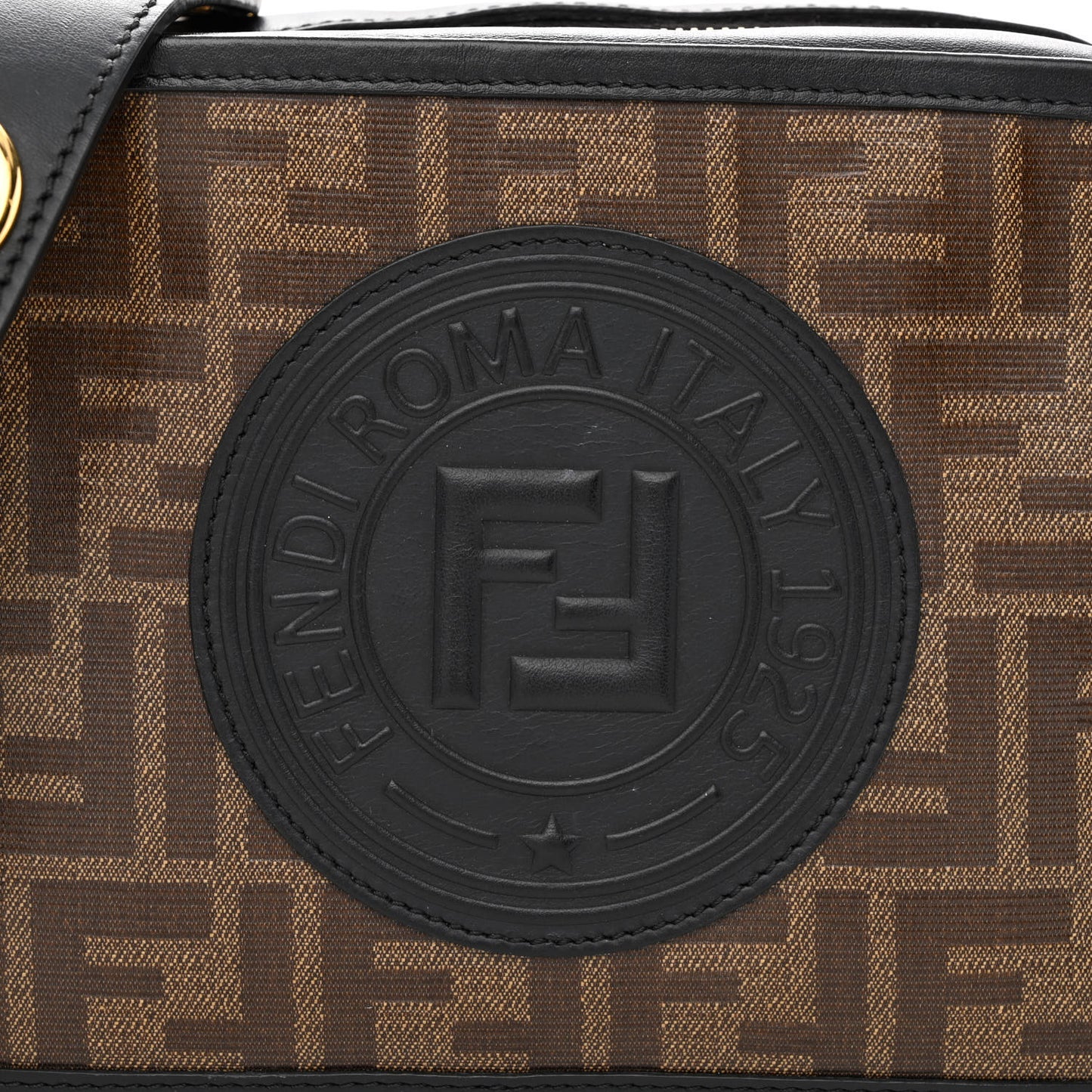 Glazed Fabric Vitello Century F is Fendi FF 1974 Stamp Patch Camera Case Mogano Panna Black