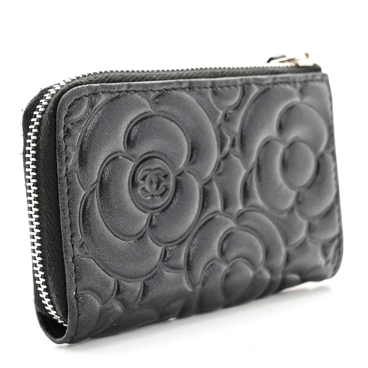 Lambskin Camellia Embossed Key Holder Case Black