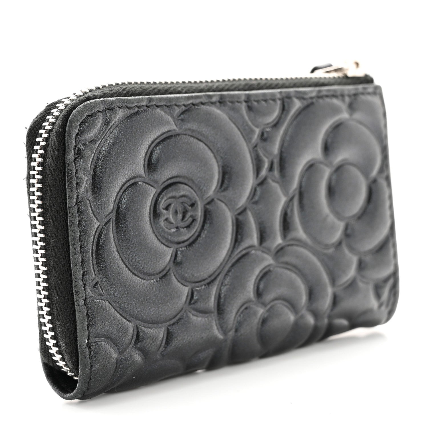 Chanel Lambskin Camellia Embossed Key Holder Case Black 3 of 13
