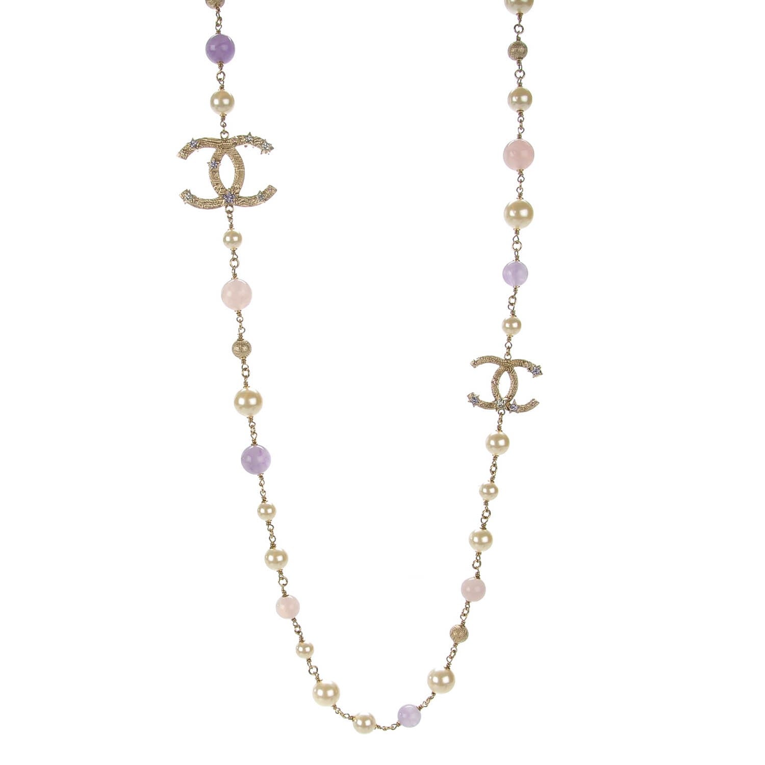 Chanel Pearl Beaded Crystal Star CC Long Necklace Purple Gold 1 of 7