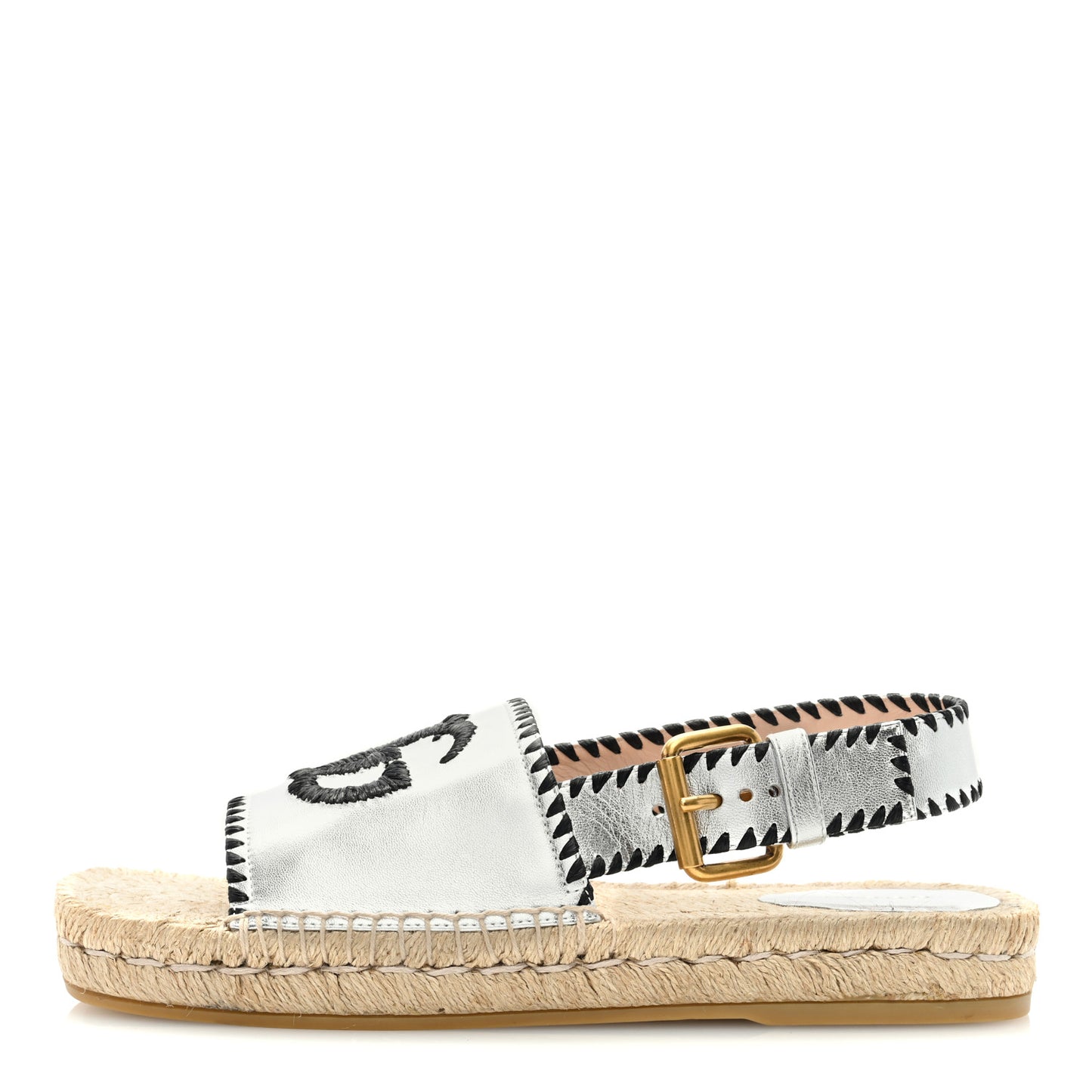Metallic Nappa Embroidered Double G Espadrille Slingback Sandals 40 Silver