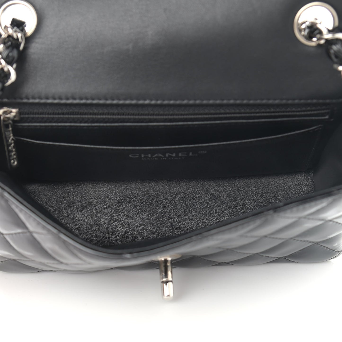 Patent Calfskin Quilted Mini Rectangular Flap Black