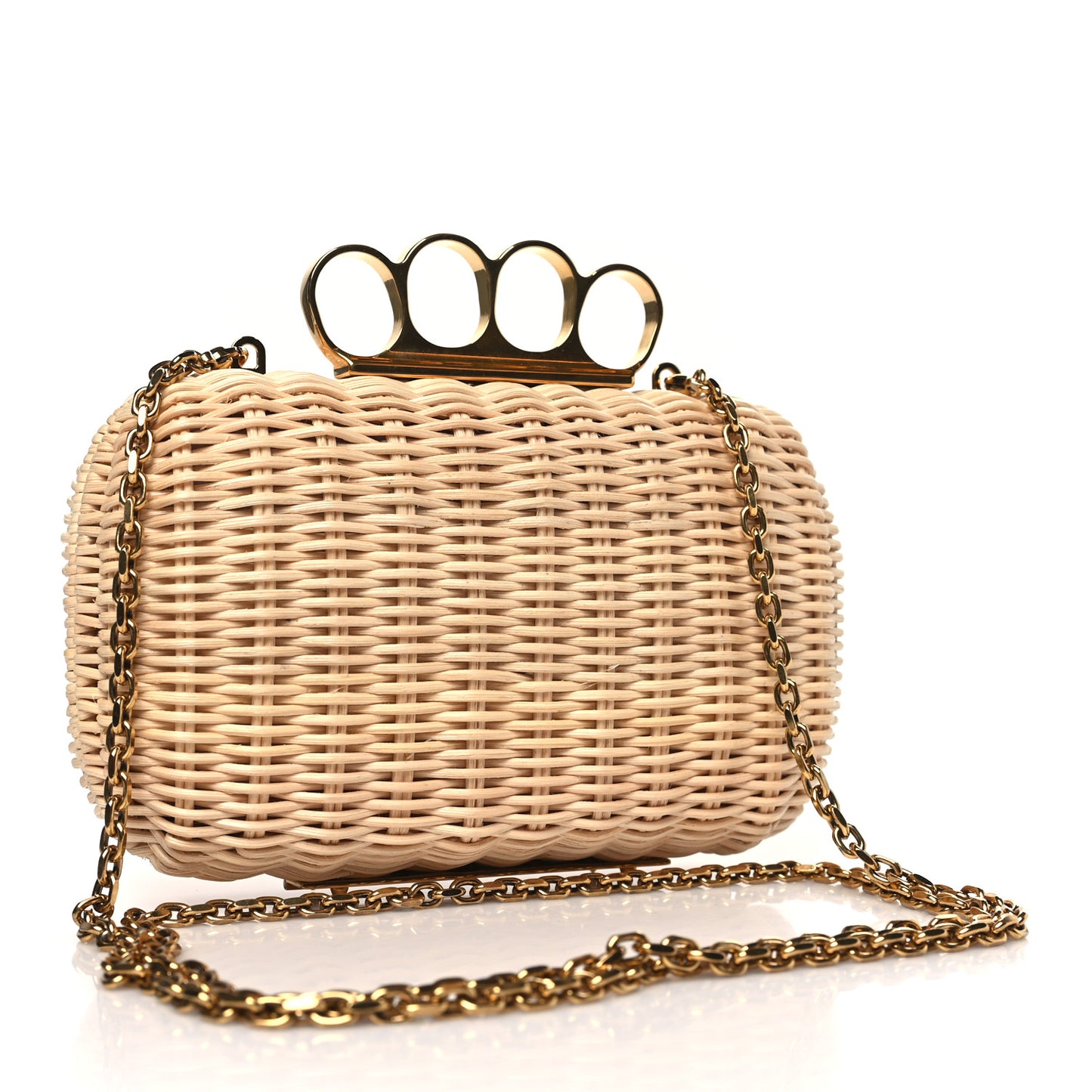 Woven Straw Four Ring Chain Knuckle Clutch Natural