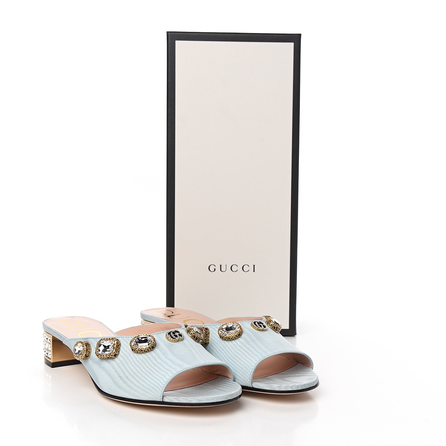 Gucci Moire Fabric Crystal Embellished Lyric Slide Sandals 37 Light Blue 10 of 10
