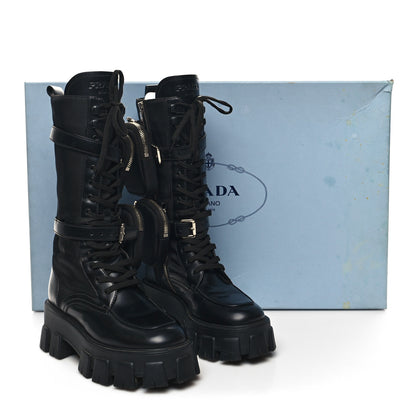 Prada Spazzolato Rois Re-Nylon Metal Triangle Logo Monolith Pouch Pocket 55mm Tall Combat Boots 36 Black 10 of 10