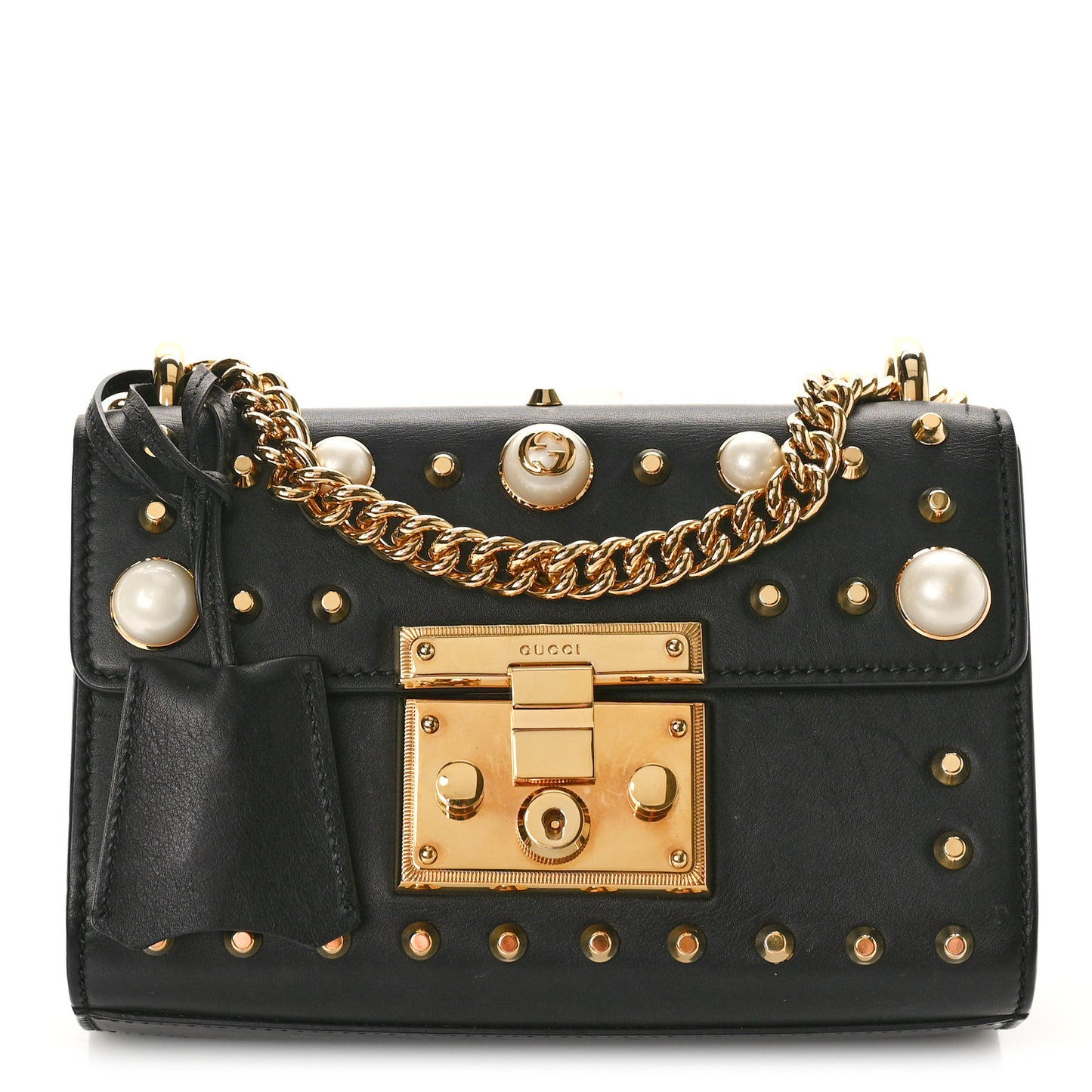 Calfskin Studded Small Padlock Shoulder Bag Black