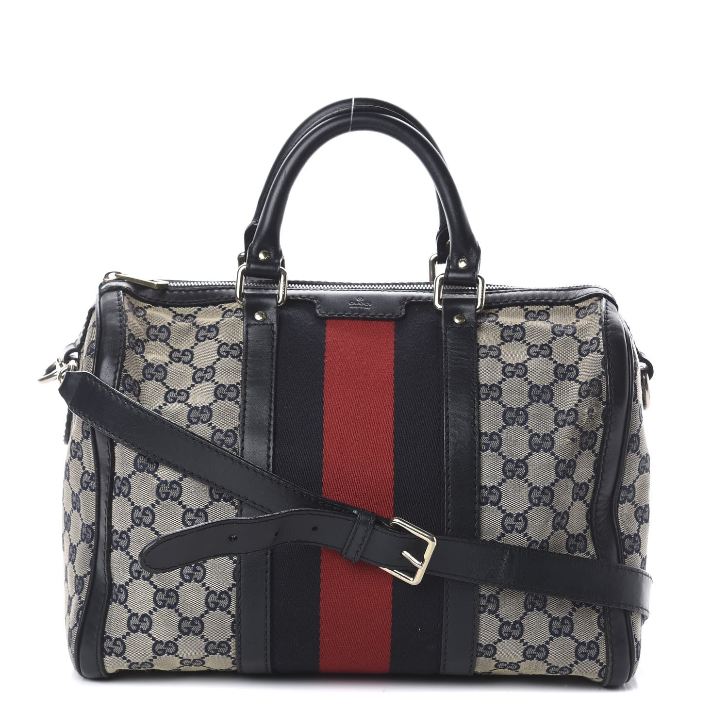 Gucci Monogram Selleria Calfskin Vintage Web Medium Boston Beige Blue 1 of 8