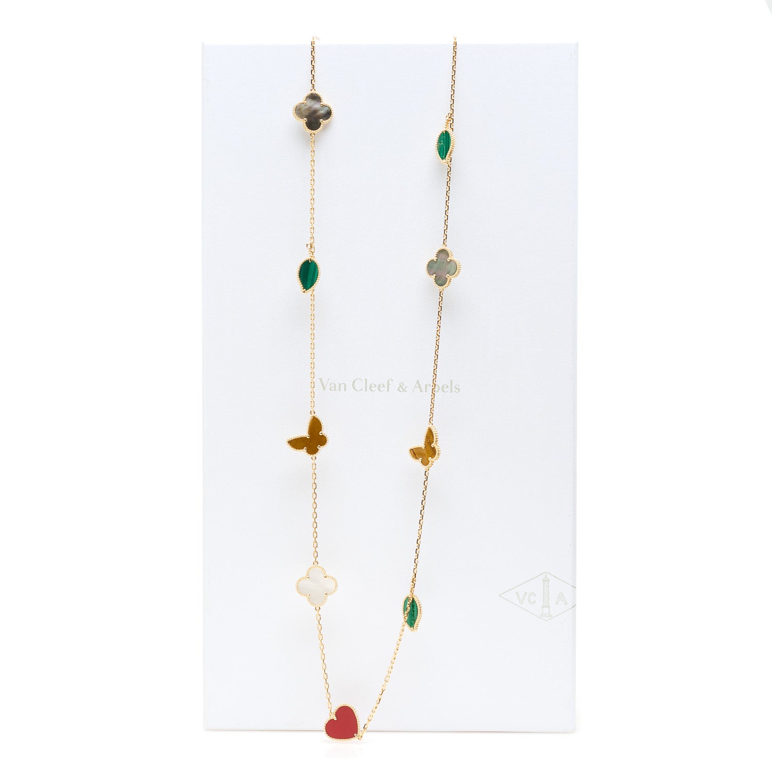 Van Cleef & Arpels 18K Yellow Gold Mother of Pearl Malachite Carnelian Tiger Eye 12 Motif Lucky Alhambra Necklace 5 of 5