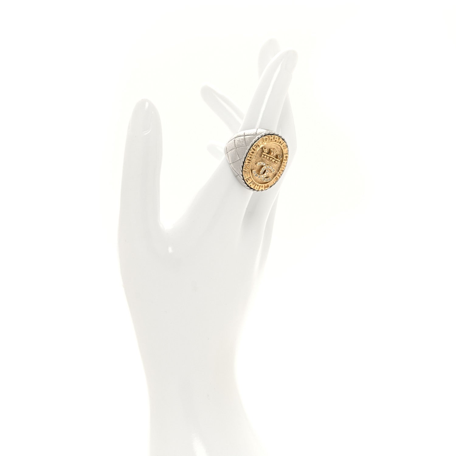 Chanel Crystal CC Crown Signet Ring 54 7 Gold 2 of 5
