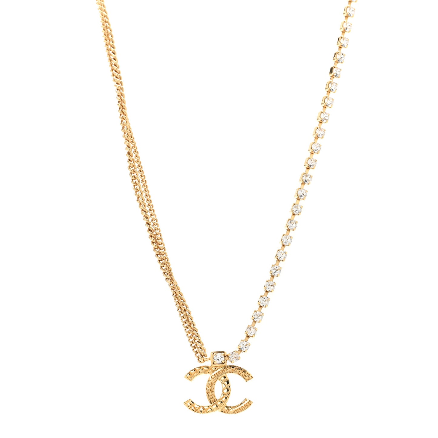 Metal Crystal Quilted CC Pendant Necklace Gold