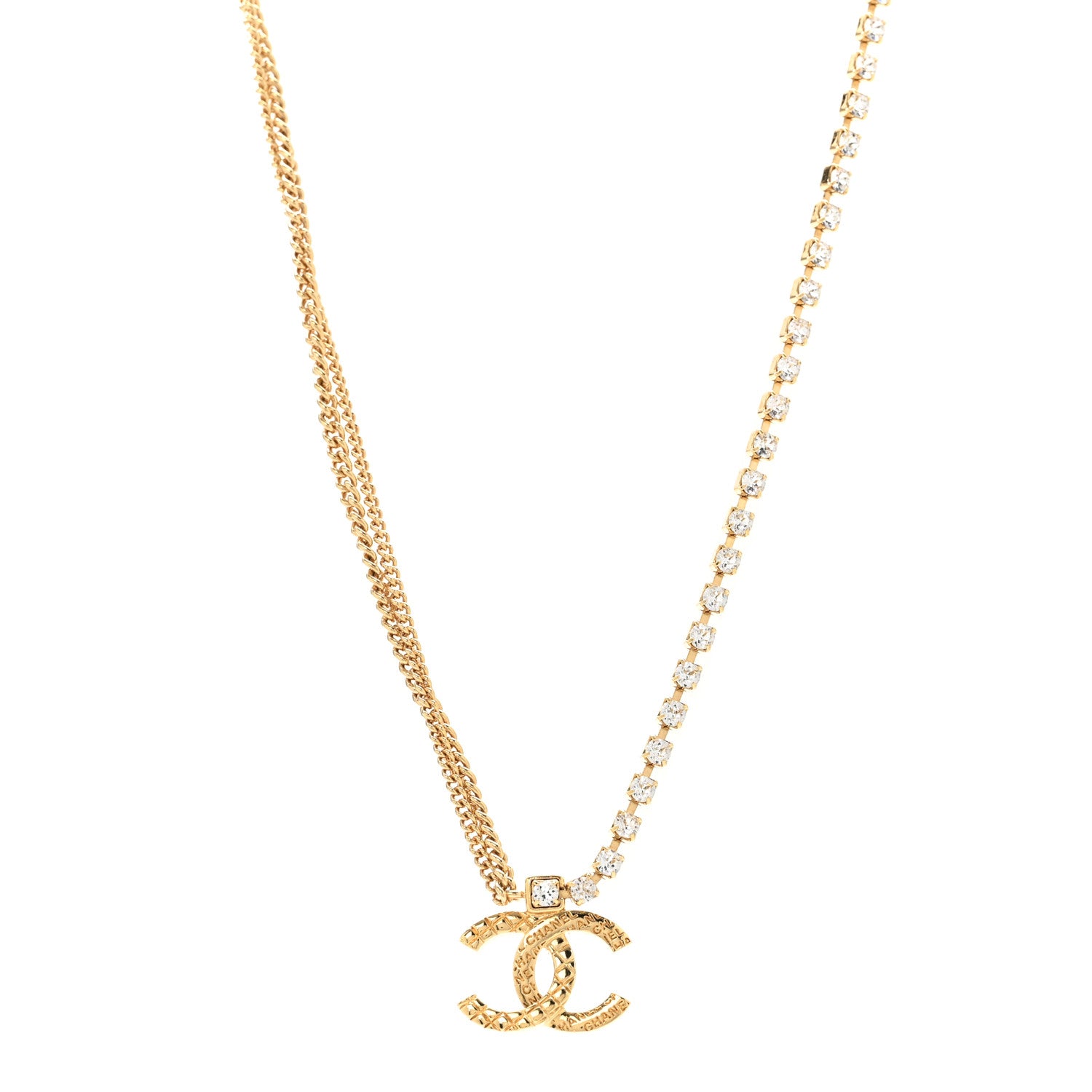Chanel Metal Crystal Quilted CC Pendant Necklace Gold 1 of 6