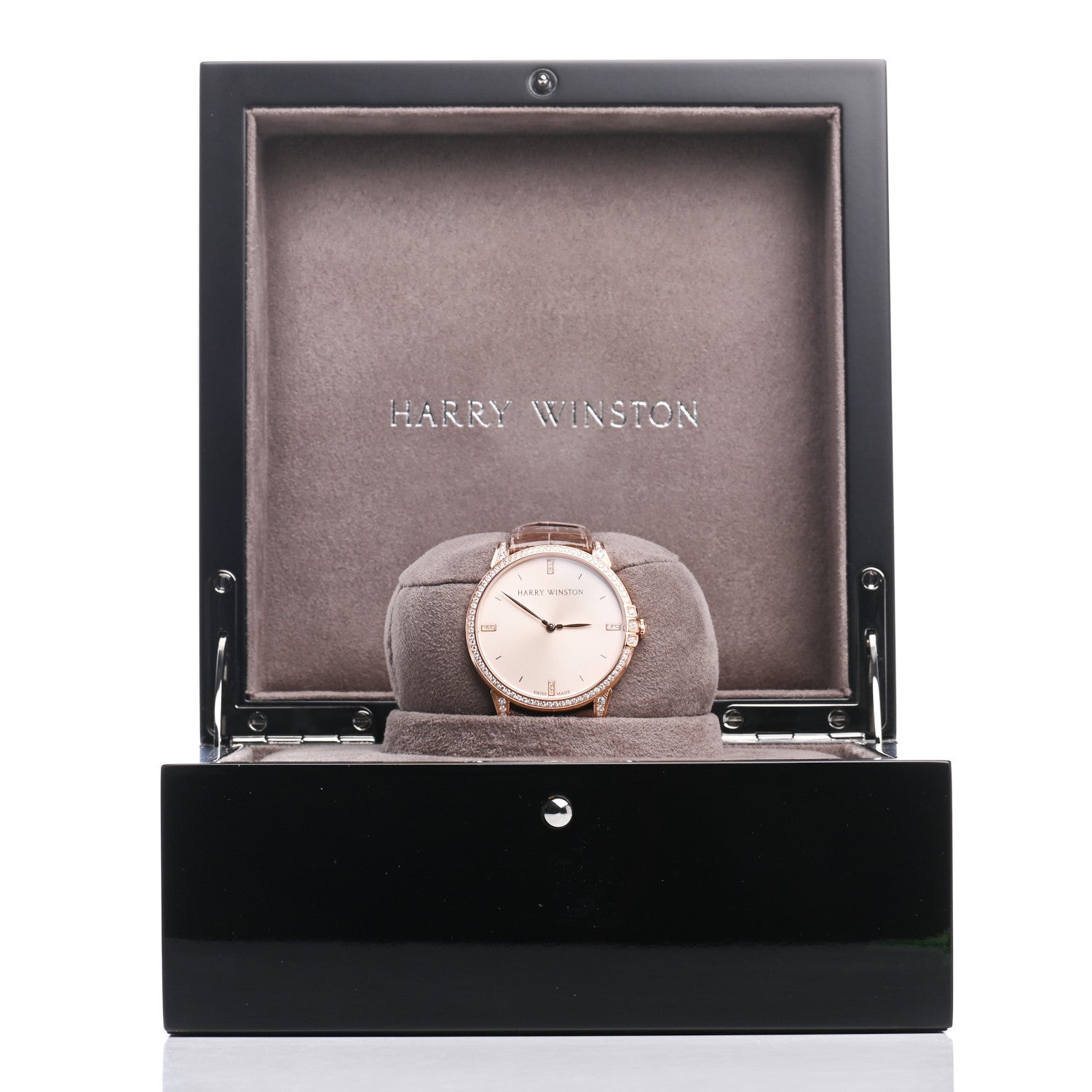 Harry Winston 18K Rose Gold Alligator Diamond Bezel 39mm Midnight Quartz Watch Champagne 8 of 9