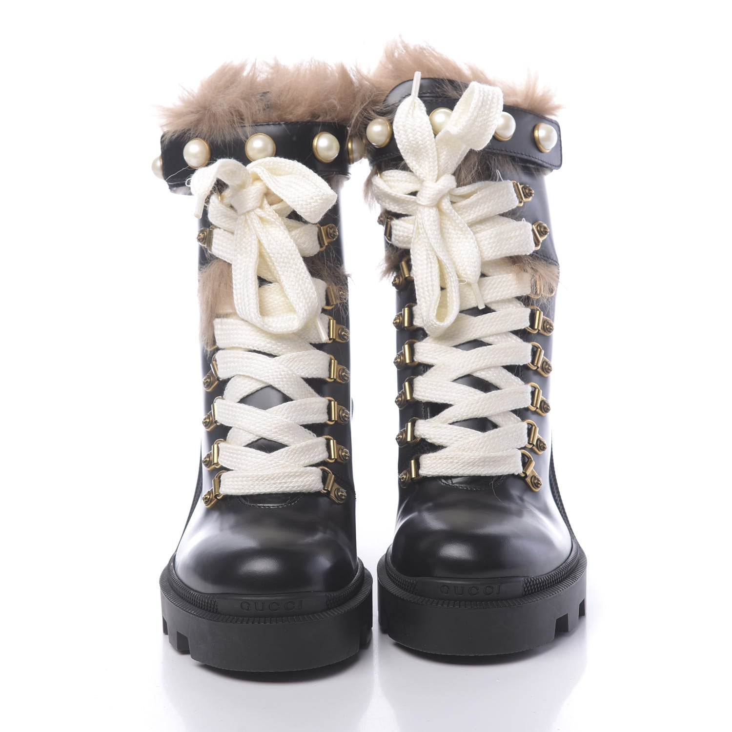 Gucci Magnum Calfskin Fur Pearl Lace Up Combat Ankle Boots 36.5 Black Naturale 2 of 8