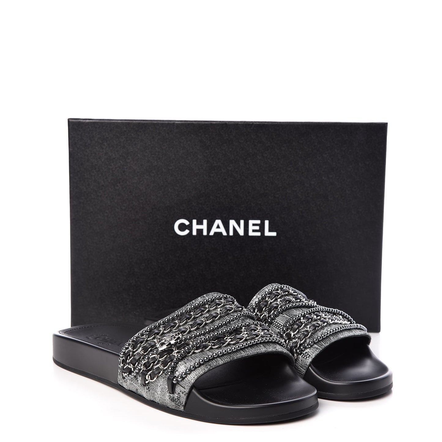 Fantasy Lambskin Pearl Chain CC Flat Mules 40 Silver Black
