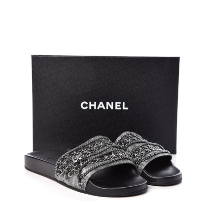 Chanel Fantasy Lambskin Pearl Chain CC Flat Mules 40 Silver Black 11 of 11