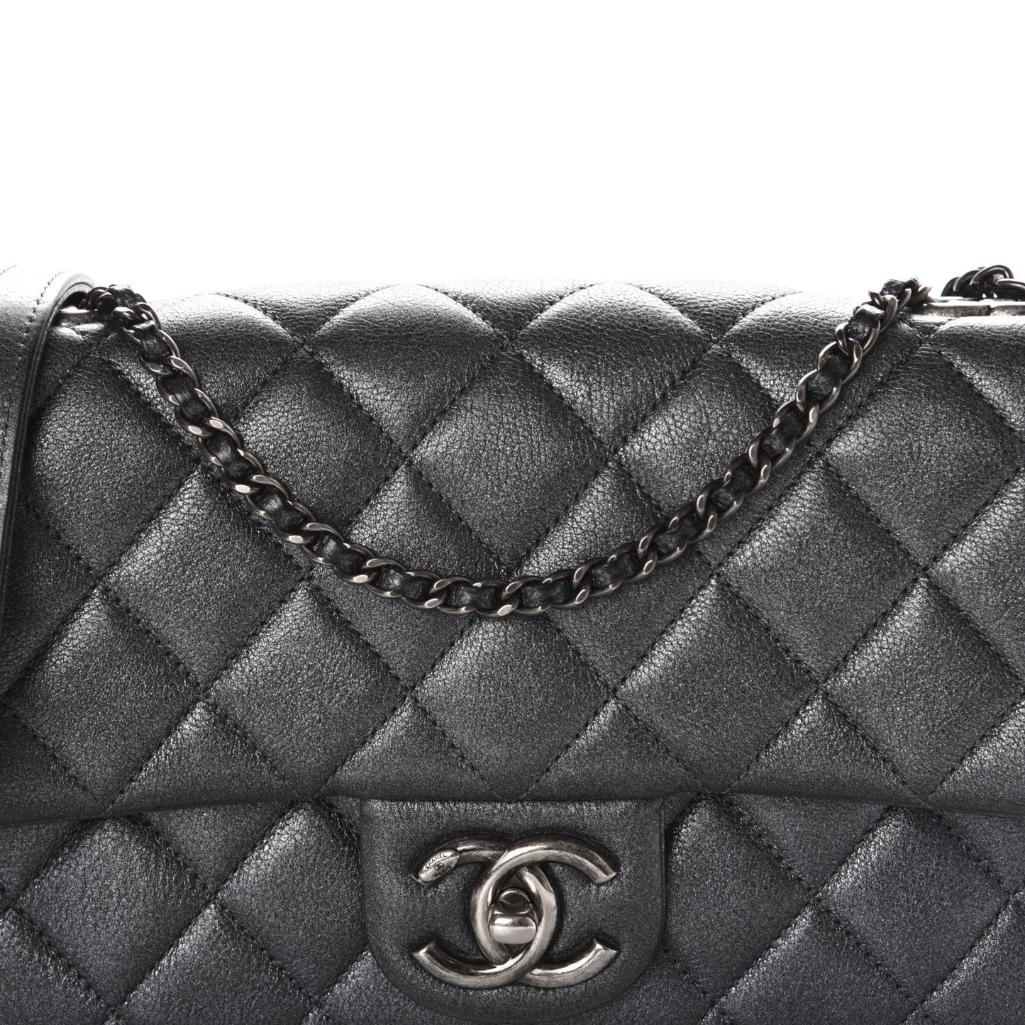Metallic Calfskin Quilted Medium CC Eyelet Flap Dark Silver