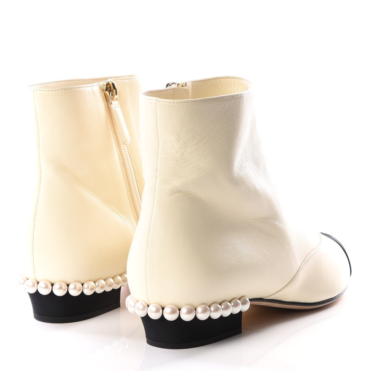 Lambskin Grosgrain Pearl Cap Toe Short Boots 40 Ivory Black