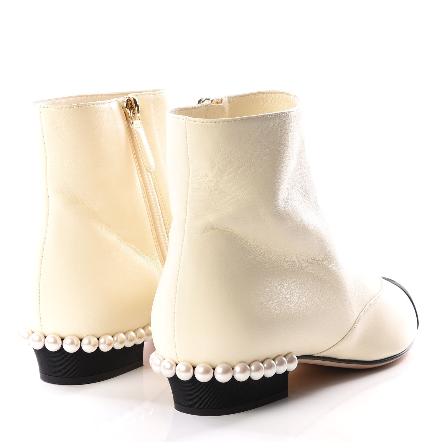 Chanel Lambskin Grosgrain Pearl Cap Toe Short Boots 40 Ivory Black 4 of 9