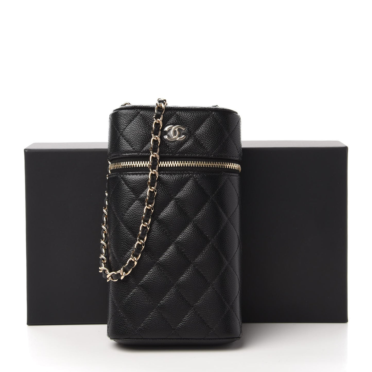 Caviar Quilted Phone Holder With Chain Black