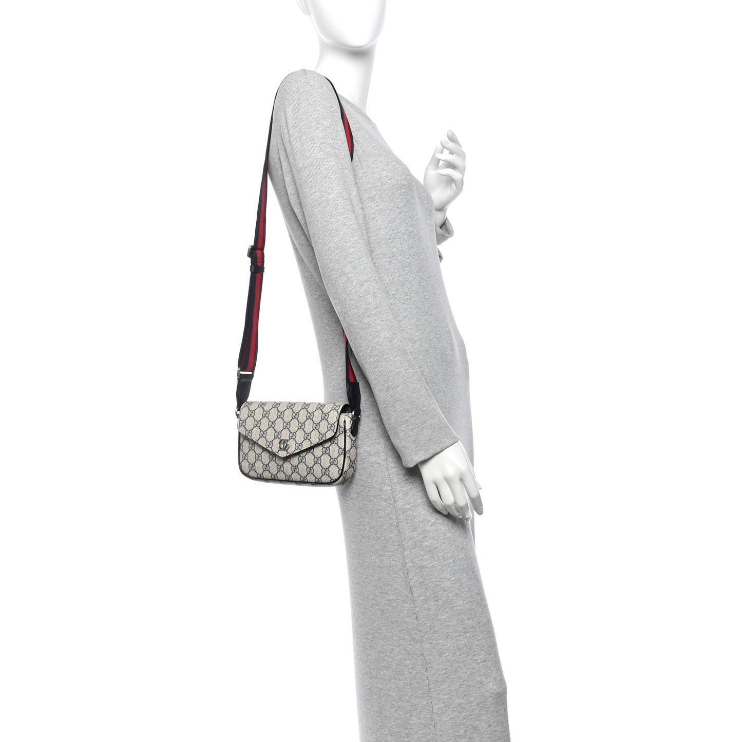 GG Supreme Monogram Textured Dollar Calfskin Web Mini Ophidia Envelope Shoulder Bag Beige Blue