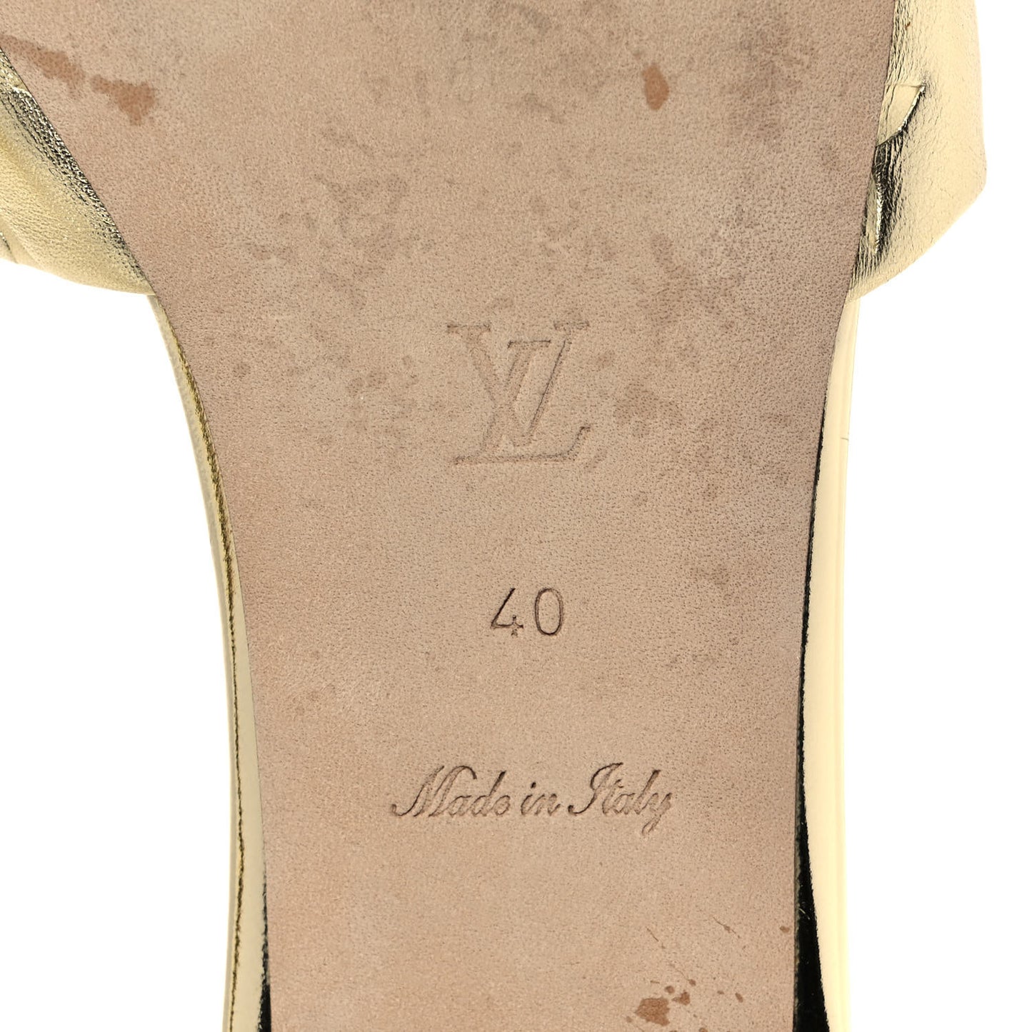 Metallic Lambskin Embossed Monogram Revival Flat Mules 40 Gold