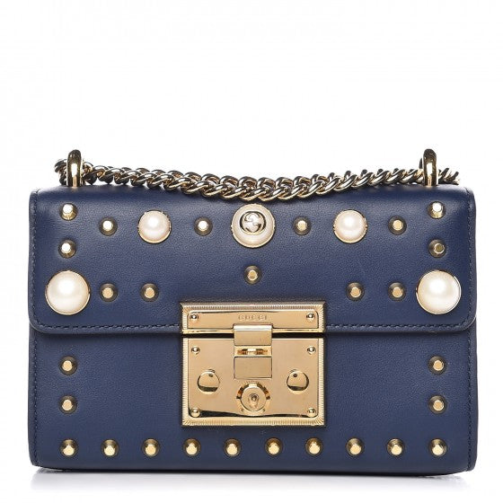 Calfskin Studded Small Padlock Shoulder Bag Blue Agata