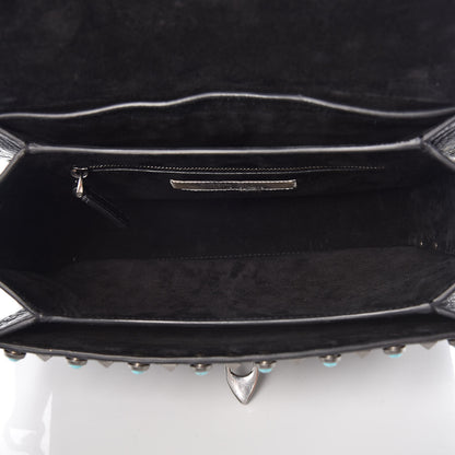 Valentino Garavani Calfskin Patch Beaded Medium Guitar Strap Rockstud Rolling Flap Saddle Bag Black 7 of 8