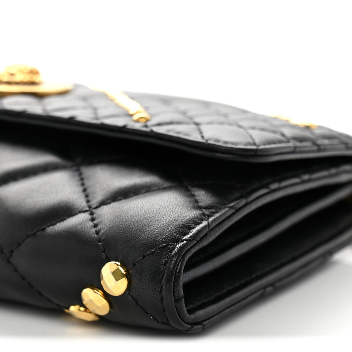 Lambskin Studded Quilted Medusa Wallet on Chain Crossbody Black Gold