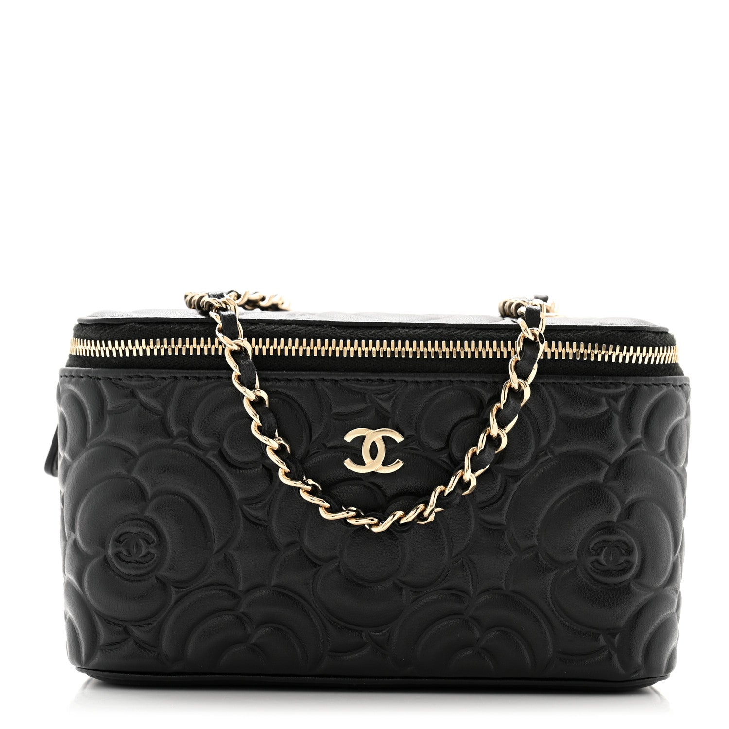 Chanel Lambskin Camellia Embossed Small Vanity Case With Chain Black 1 of 10