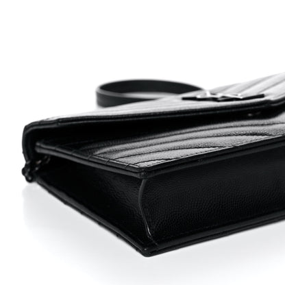 Saint Laurent Grain De Poudre Matelasse Chevron Monogram Monochrome Envelope Chain Wallet Black 8 of 10