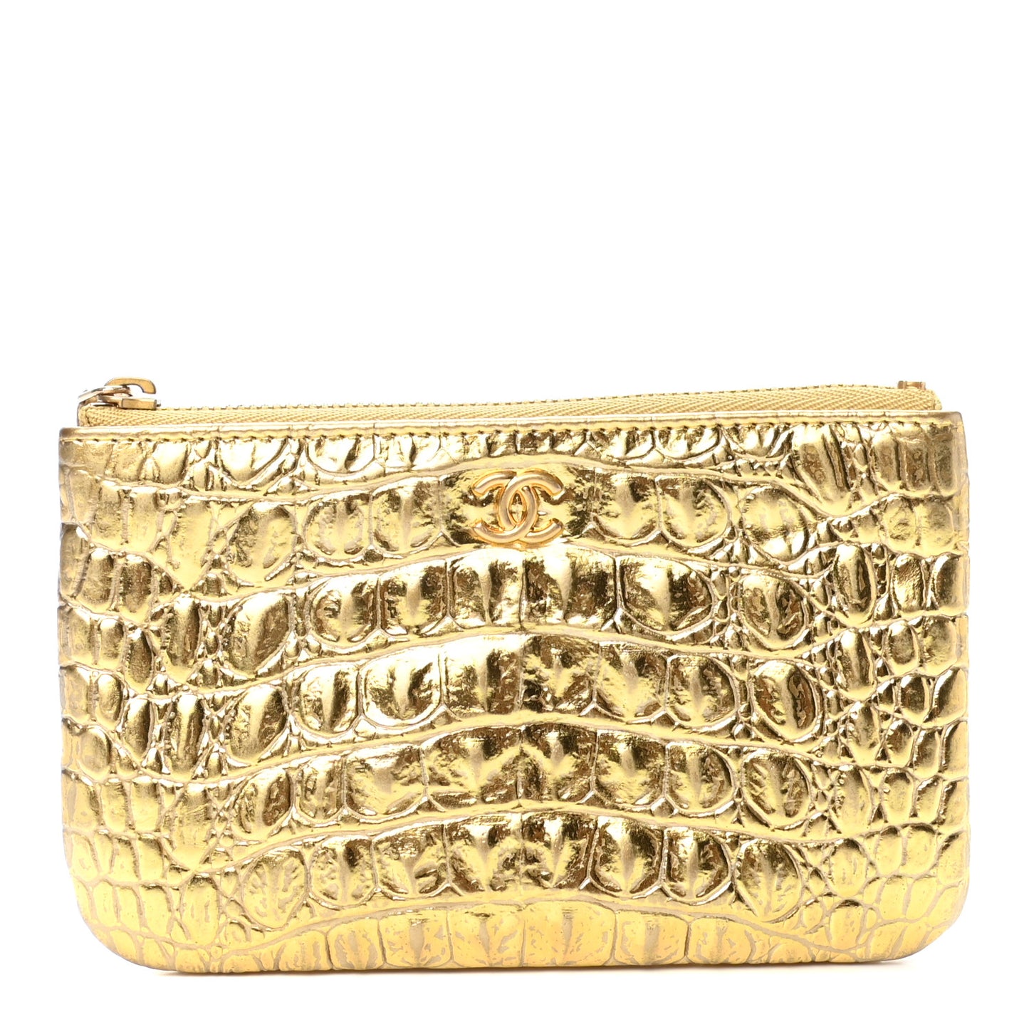 Metallic Calfskin Crocodile Embossed Cocodile Small Cosmetic Case Gold