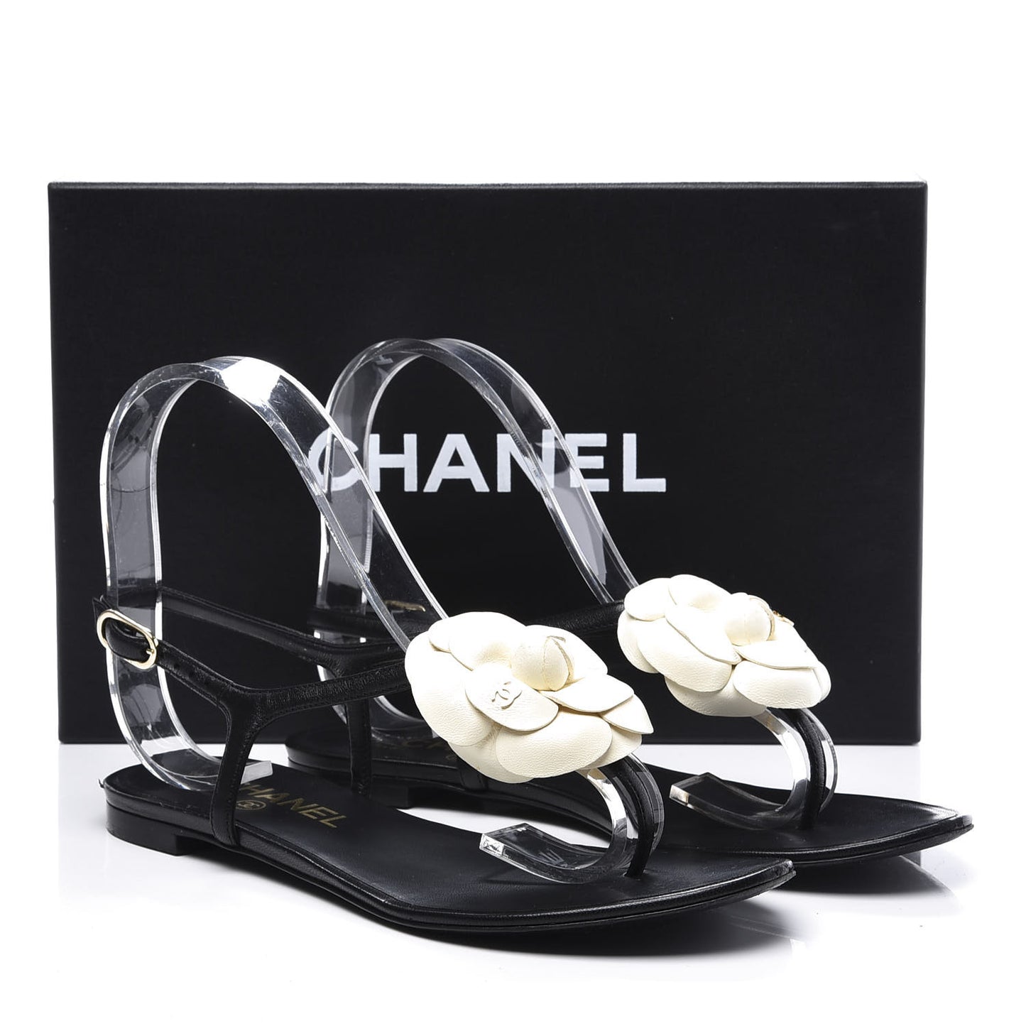 Patent Camellia Thong Sandals 36 Black White