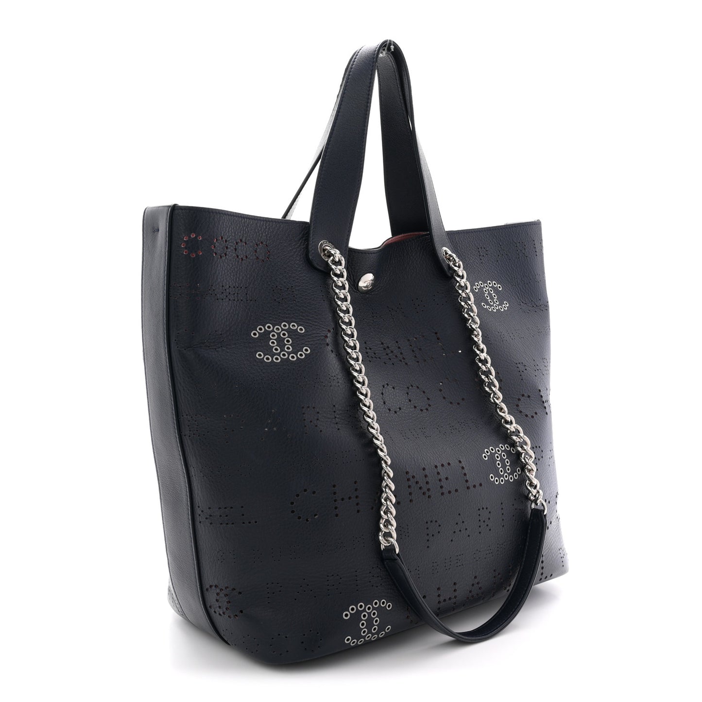 Calfskin Tweed Small Logo Eyelets Shopping Tote Navy Blue