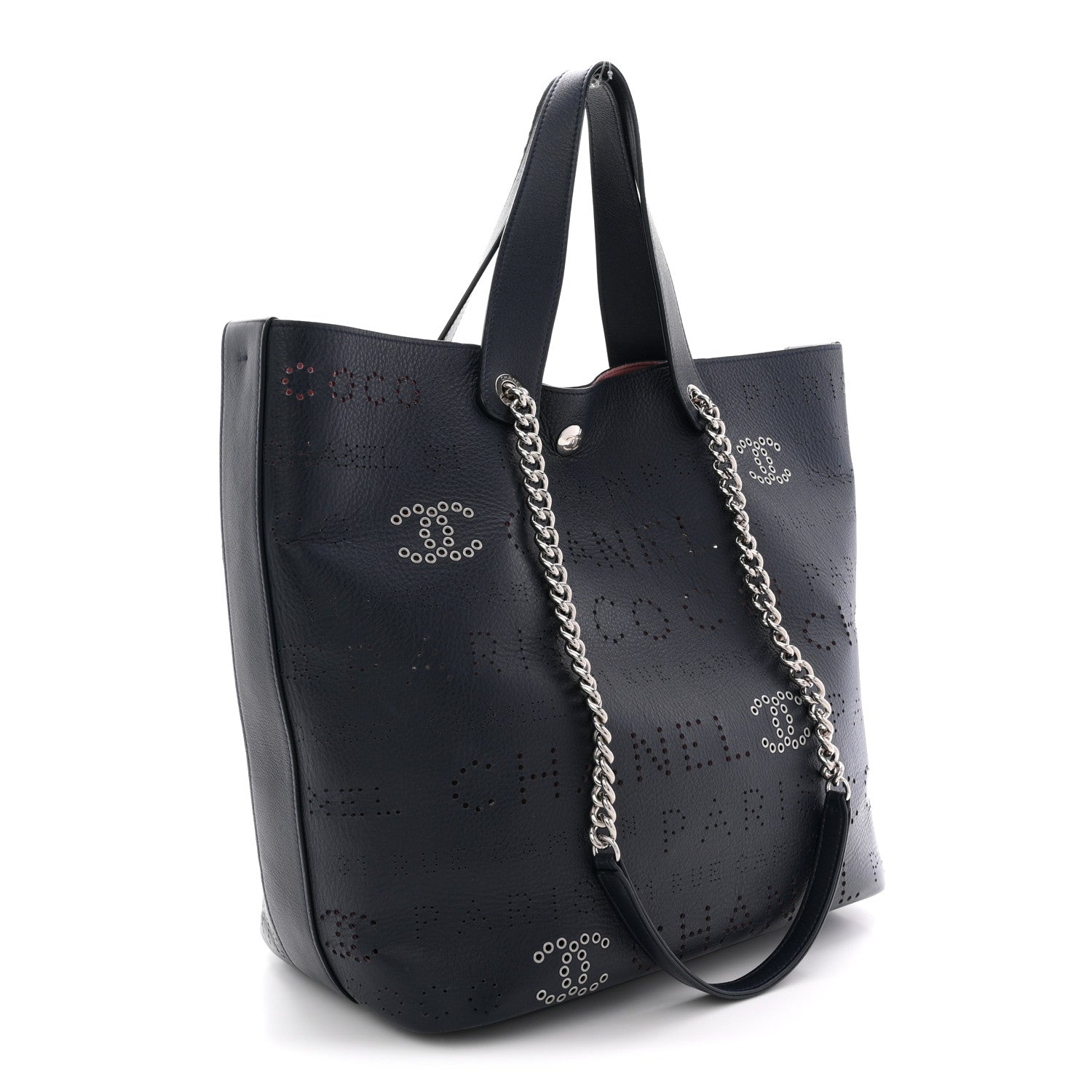 Chanel Calfskin Tweed Small Logo Eyelets Shopping Tote Navy Blue 3 of 12