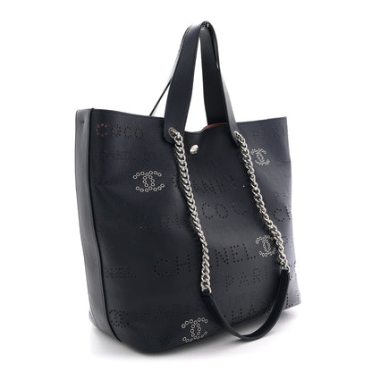 Chanel Calfskin Tweed Small Logo Eyelets Shopping Tote Navy Blue 3 of 12